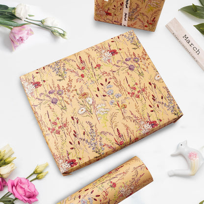 Tyzarglef Wild Flower Wrapping Paper Roll, 17 Inches x 32.8 Feet Kraft Floral Design Wrapping Paper for Women Girls Gifts, Birthdays, Weddings, Bridal Shower and Engagement