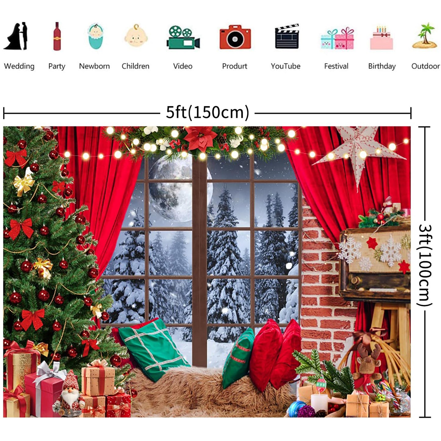 Diasynig 5x3FT Christmas Backdrop Window Red Curtain Xmas Tree Gifts Forest Snow Scene Photography Background Family Kids Winter Holiday Christmas New Year Party Decorations Banner Photo Booth Props