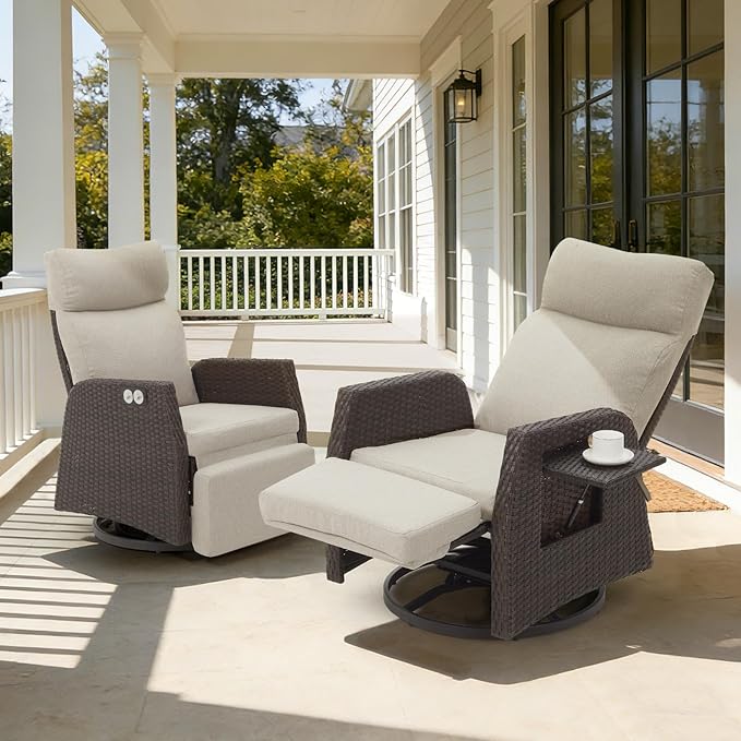 Adjustable Outdoor Recliner Chair with Independent Backrest & Footrest, Patio Swivel Recliner Chair, Wicker Reclining Patio Chair w/Flip-Up Table, 155° Lay Flat Chaise Lounge, Beige, 2PCS