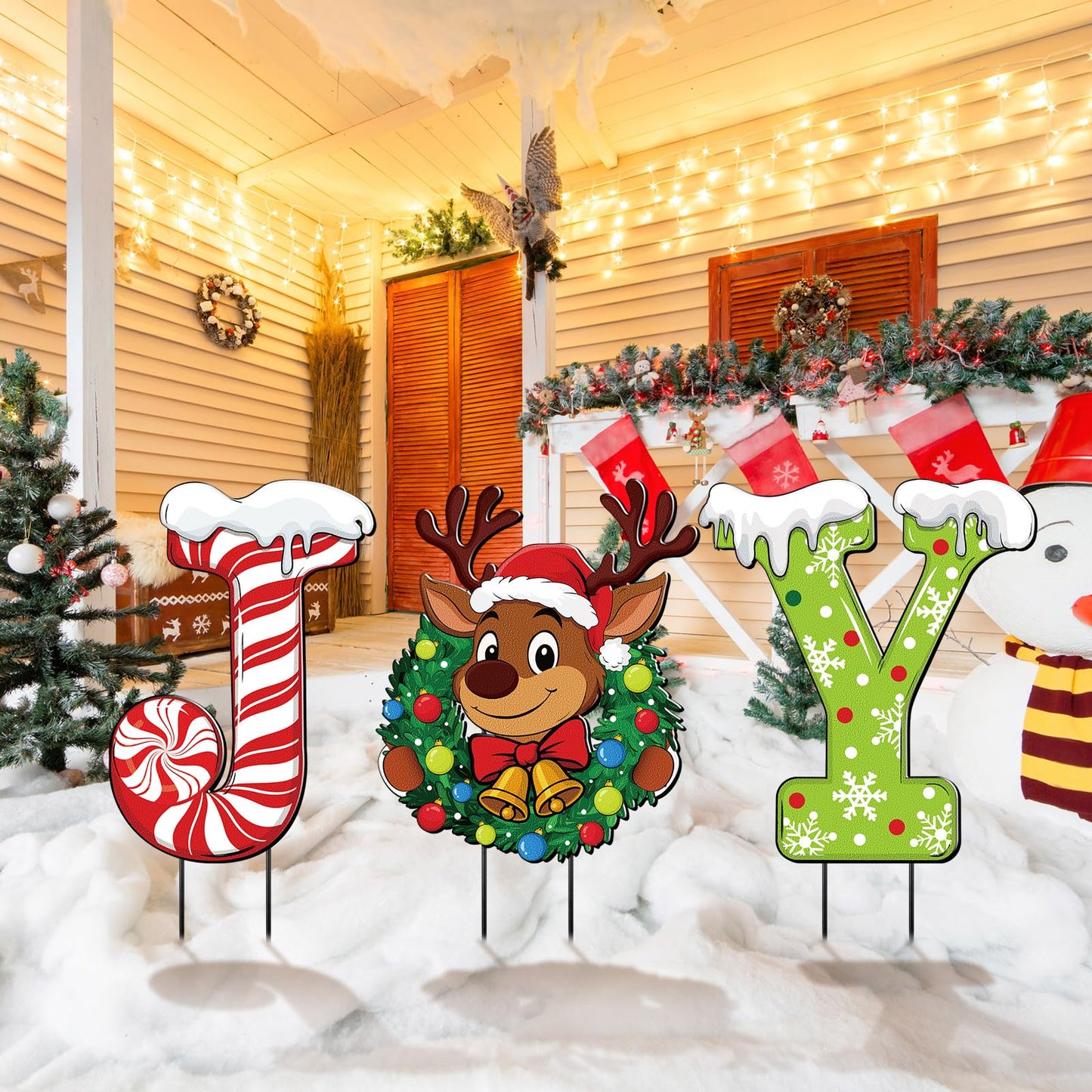 MorningRo 3 Pcs Metal Christmas Joy Yard Signs Outdoor Waterproof Candy Cane Elk Snowflakes Christmas Yard Sign with Stakes for Outside Porch Patio Lawn Garden Pathway Xmas Holiday Winter Decoration