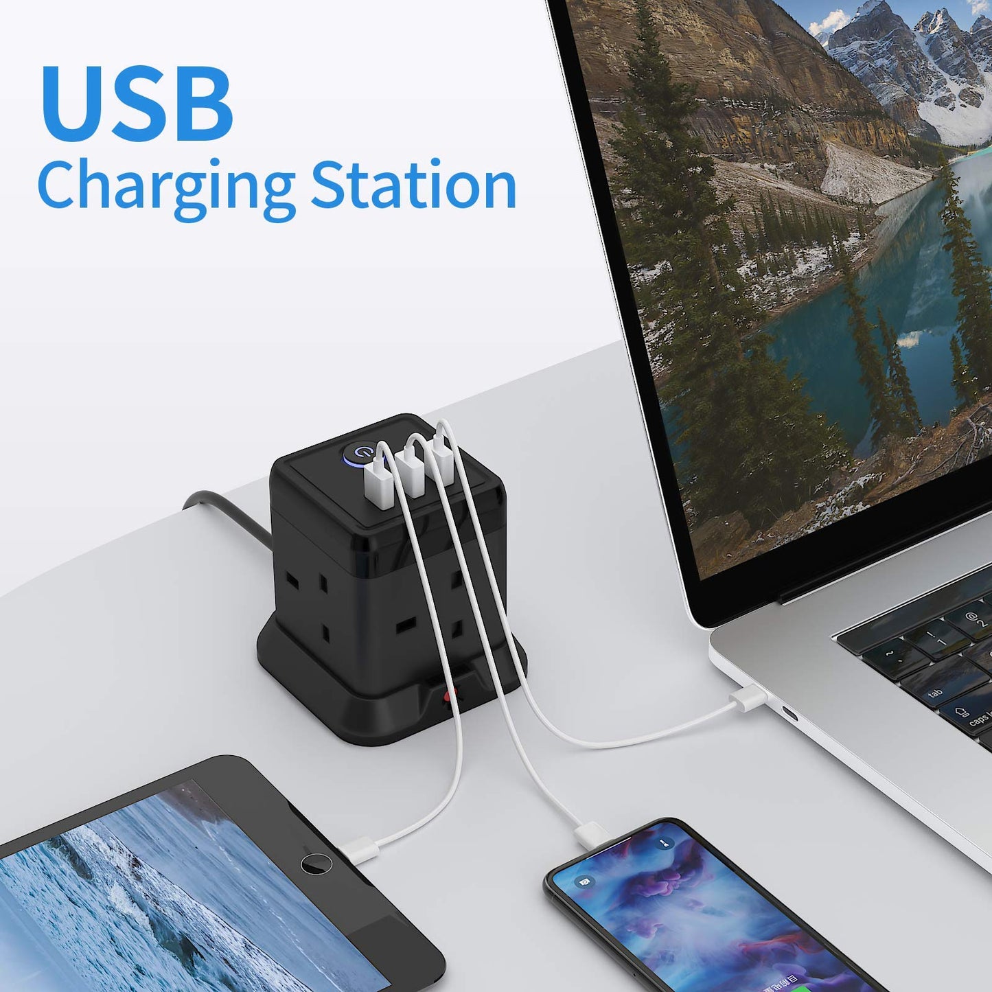Cube Extension Lead with 3 USB Slots 13A 3250W Hulker 4 Gang Plug Socket with Switch 4 Way Power Strip with 3 USB Port 1.5M Extension Cord Black for Home Dorm Office Travel