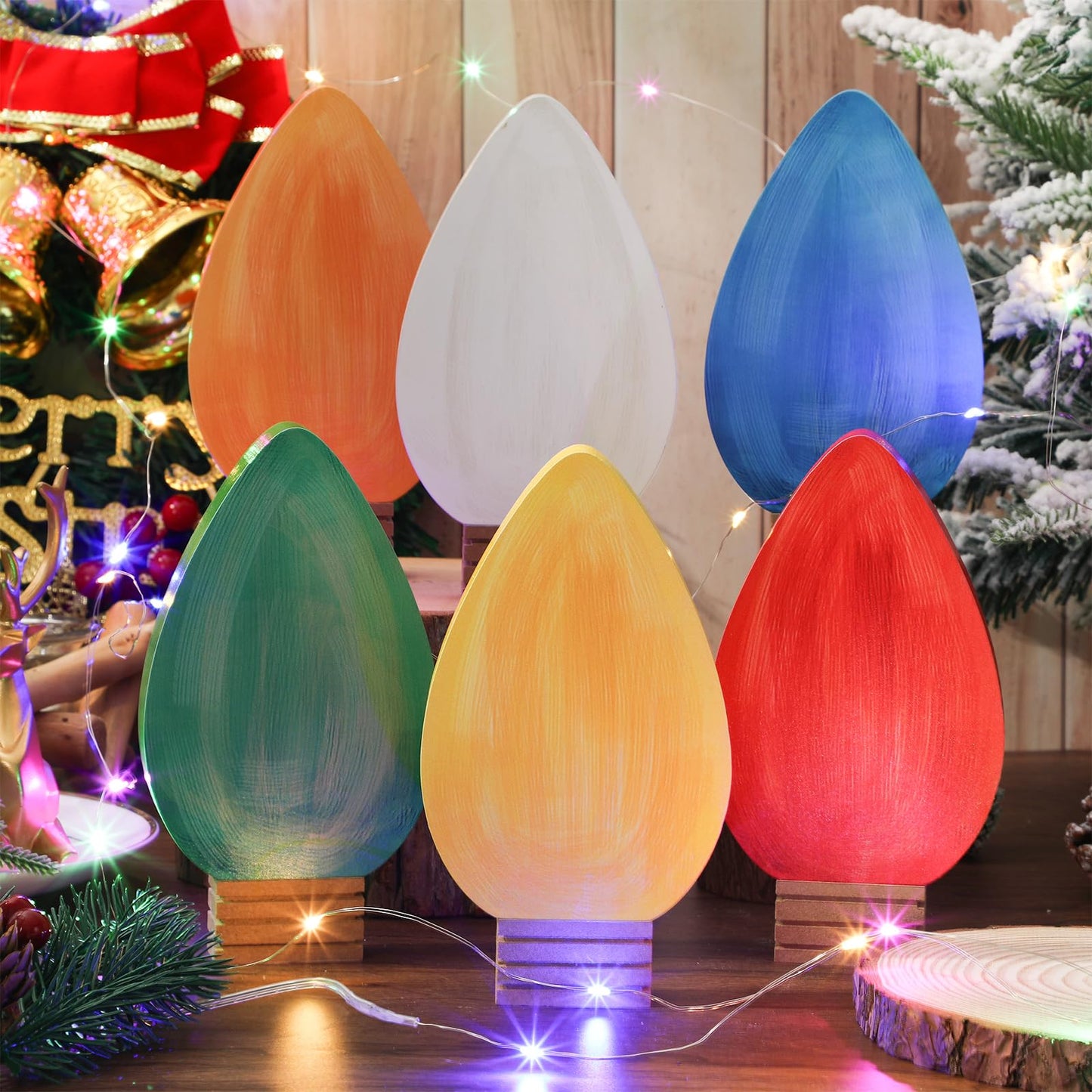 Whaline 6 Pcs Christmas Wood Ornaments Tabletop Signs Orange Blue Red Green White Yellow Wooden Light Bulb Desktop Centerpieces Crafts for Xmas Tree Tiered Tray Fireplace Holiday Winter Decor