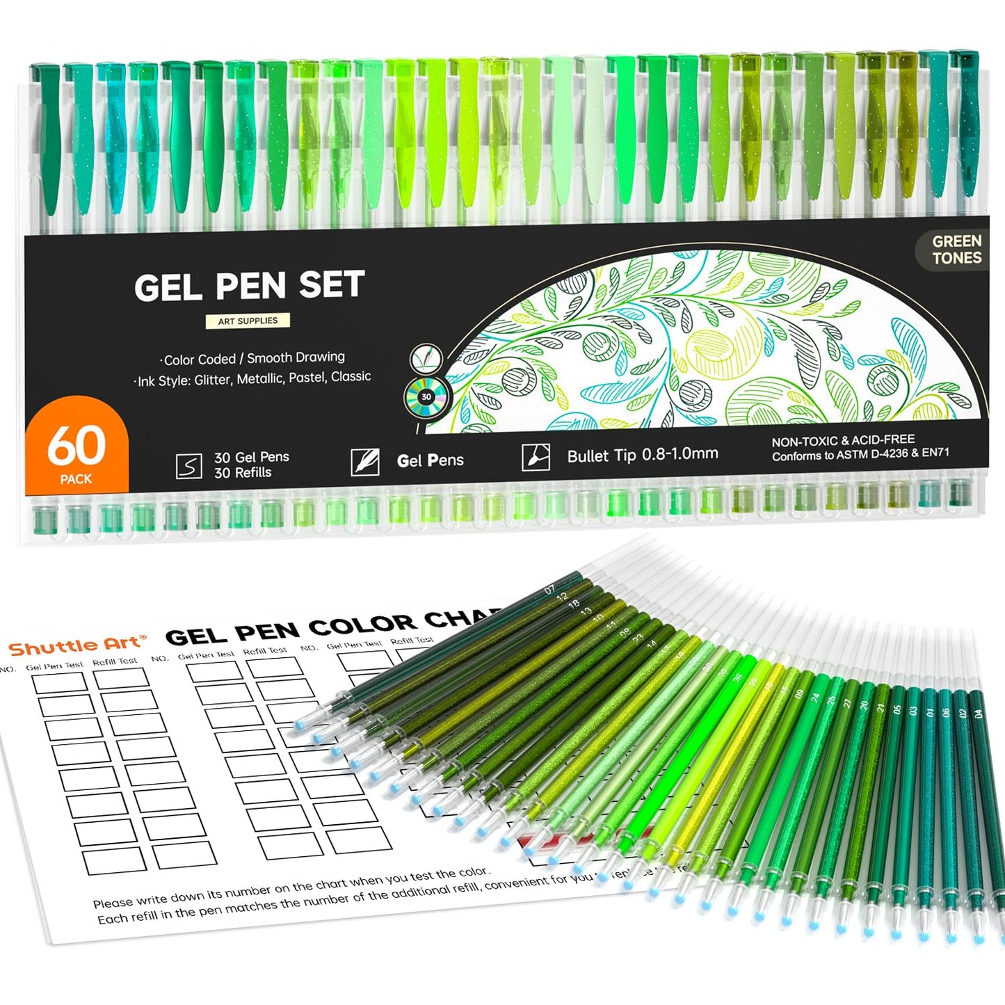 Shuttle Art 60 Pack Green Tone Gel Pens, 30 Green Tone Gel Pens with 30 Refills for Adults Coloring Books Journaling Drawing Nature, Landscapes, Animals Scenes