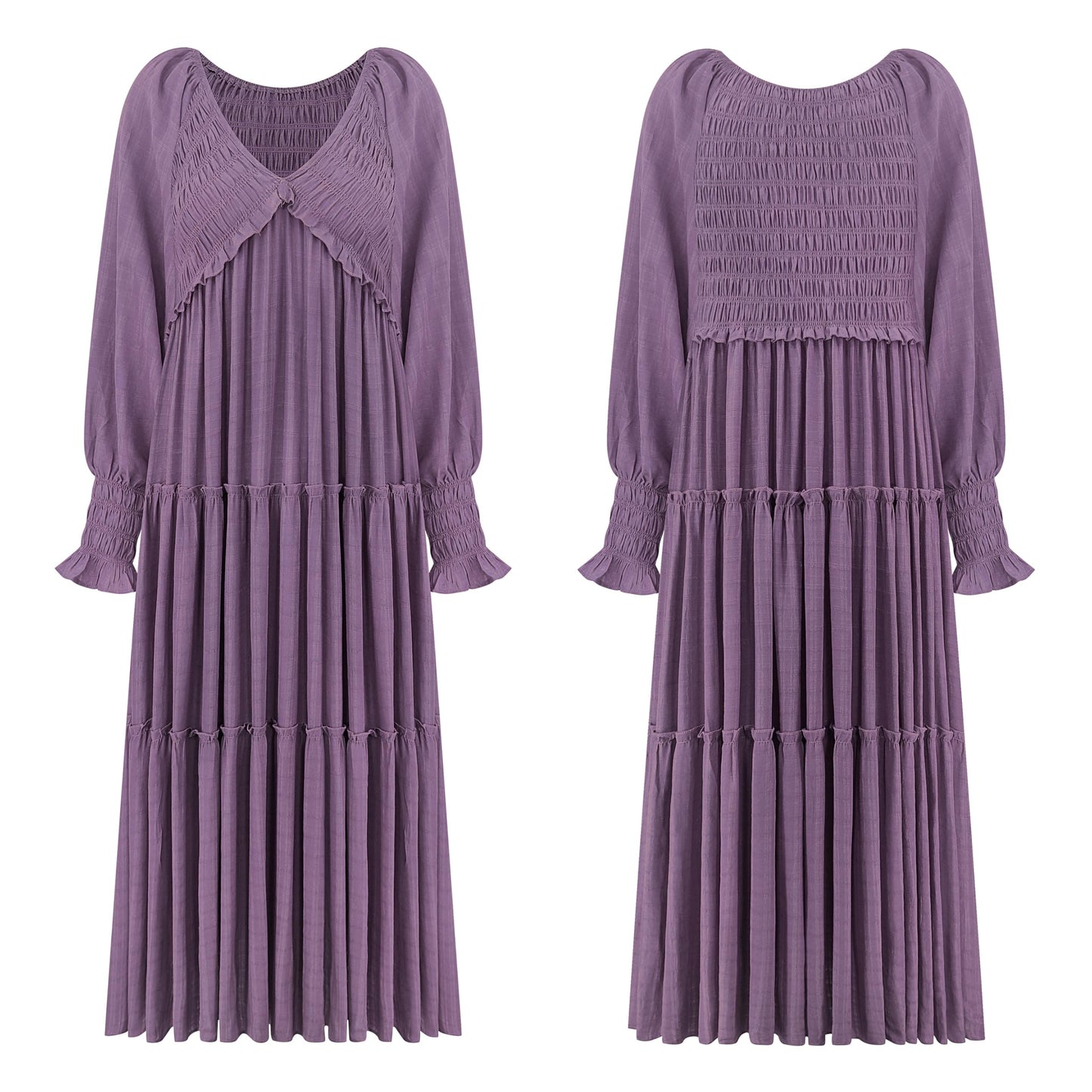 R.Vivimos Maxi Dress for Women Long Sleeve V Neck Empire Waist Layered Ruffle Boho Casual Flowy Long Dresses
