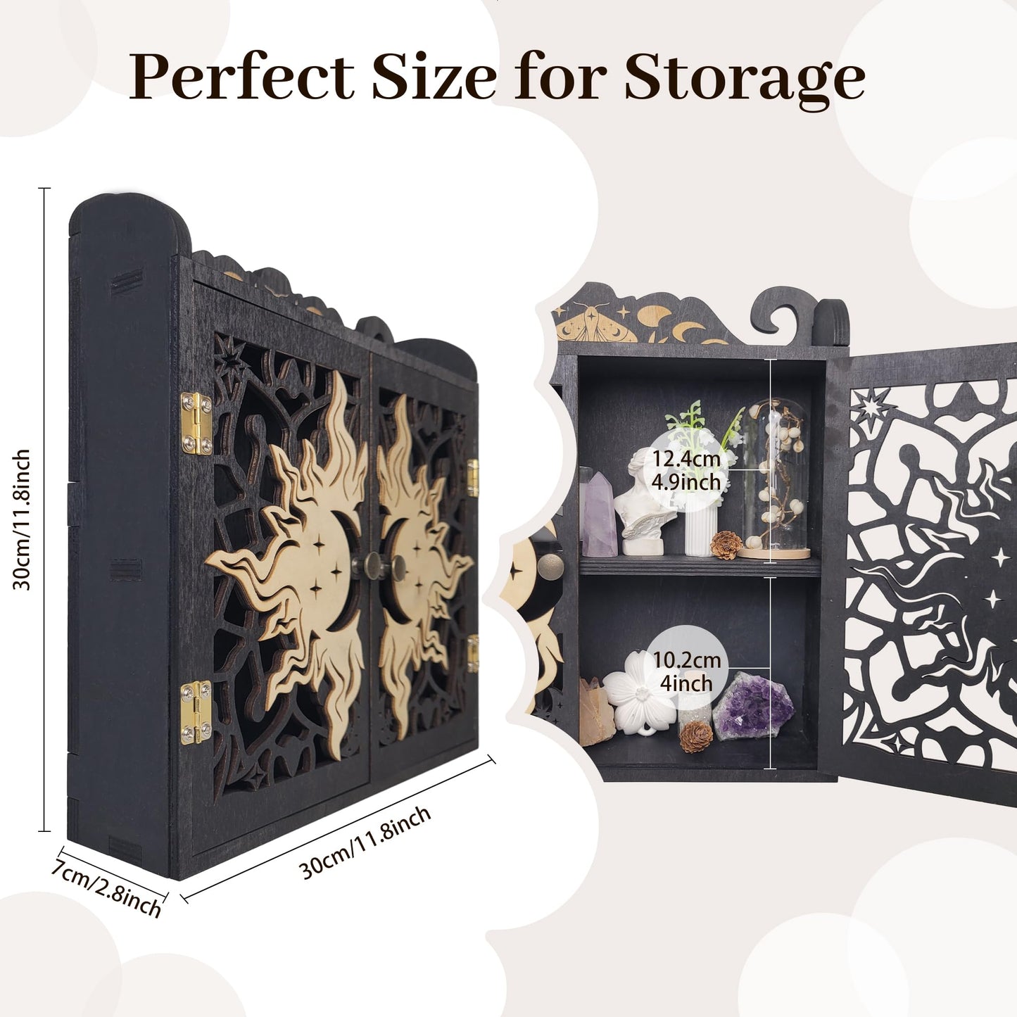 FNYDOX Large Crystal Display Shelf Case for Stones, Carved Sun Crescent Moon Shelf, Trinket Shelf Nail Polish Rack Crystal Holder Essential Oil Storage Rock Cabinet Gem Stone Organizer
