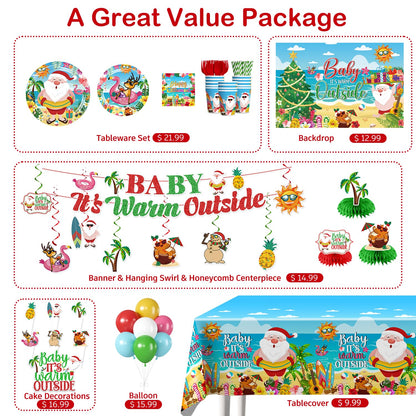 Christmas in July Decorations, Baby It's Warm Outside Party Decor - 196PCS All-in-One Set, Serves 25, Tableware Kit with Banner, Backdrop, Tablecloth, Balloons & Cupcake Toppers