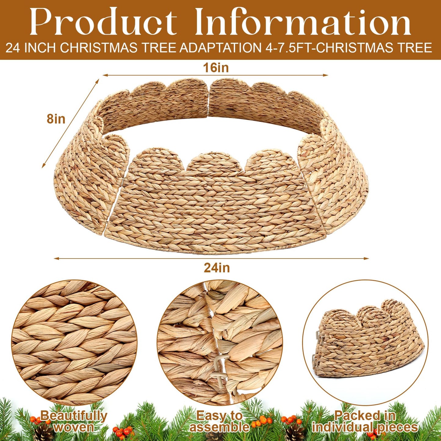 Cinnvoice Woven Rattan Scalloped Christmas Tree Collar 24 Inch Natural Ring Rustic Farmhouse Water Hyacinth Base Cover Skirt for 4-6 ft Xmas Tree Holiday House Decoration