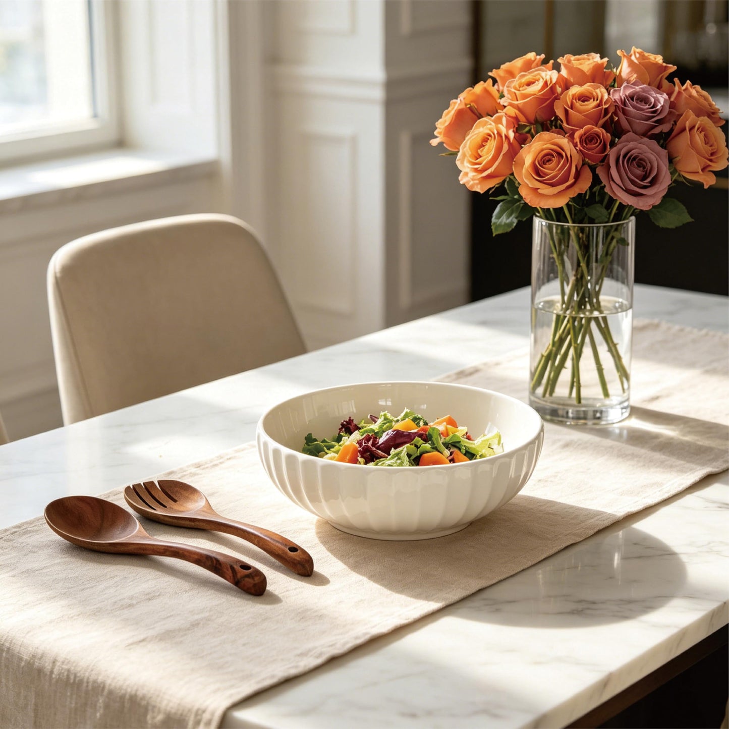 seicasaya 12-Inch Large Ceramic Salad Bowl Set with Wooden Servers, Decorative Serving Bowl with Ribbed Design for Pasta, Fruit (White)