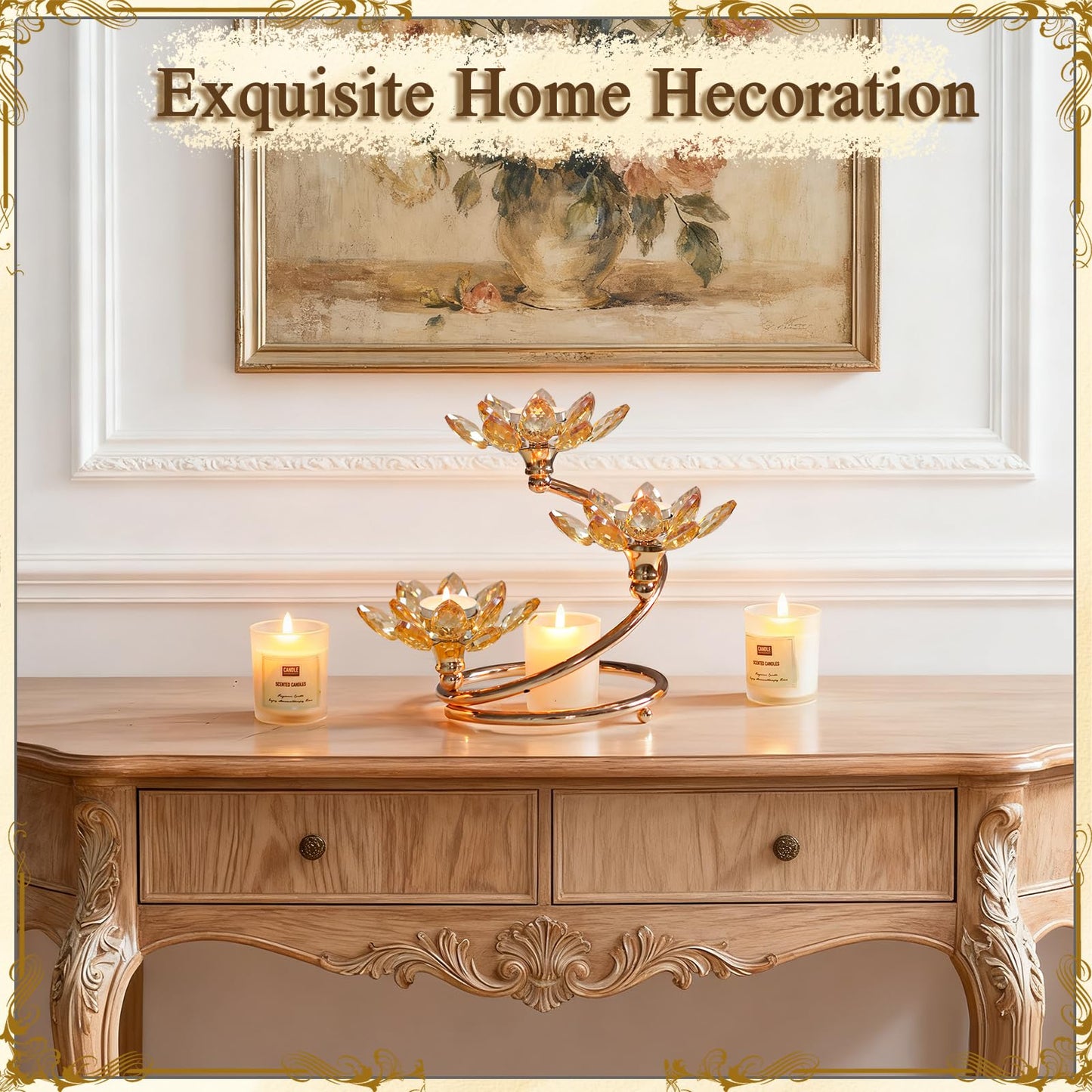 Kehail Gold 1 Pc Crystal Flower Shaped Candle Holder Set, 3-Arm Metal Votive Tea Light Candlestick for Table Centerpiece, Home Wedding Party Anniversary Decor