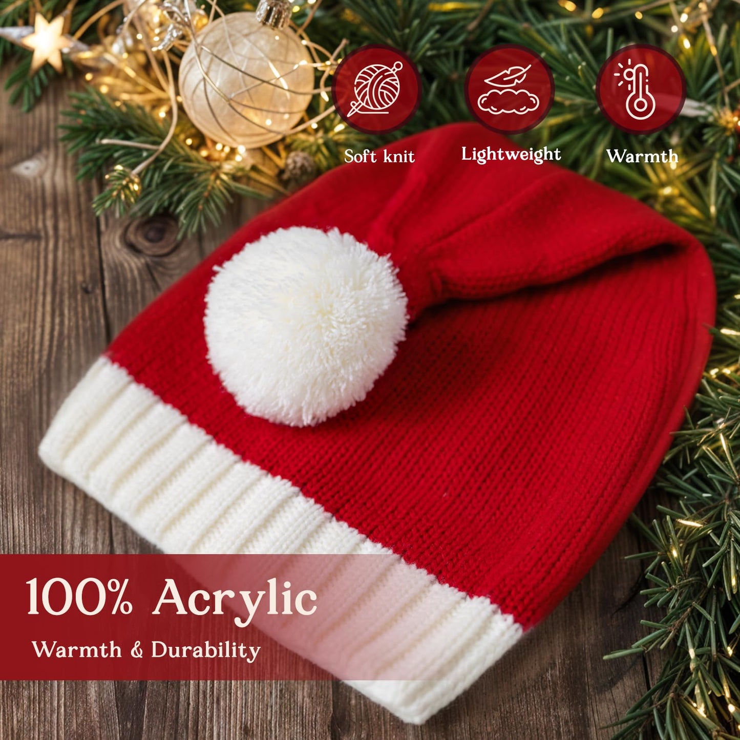 Diffy Homy Santa Hat Christmas Hat Xmas Adult Women Men Washable Fade-restant Knitted Soft Warm Long for Christmas New Year Festive Holiday Party Outdoor Winter Red