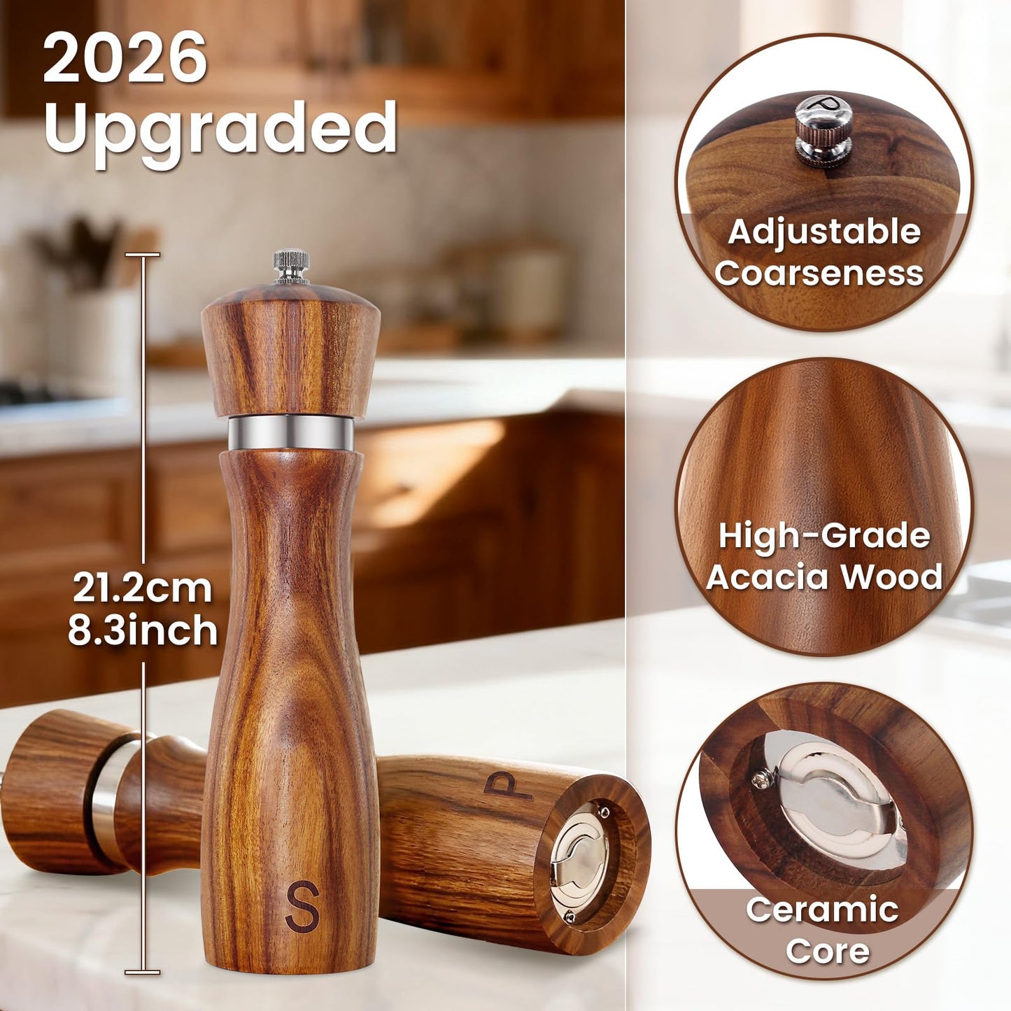 DZDOV Wedding Gifts for Couples 2026: Acacia Wood Salt and Pepper Grinder Set with Bow Design - Kitchen Counter Decor