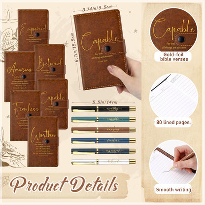 Potchen 18 Pcs Christian Gift Set for Women Men, 13oz Bible Verse Ceramic Coffee Mugs with Leather Journal Pen Inspirational Religious Gifts for Office Coworkers Pastor Church (Bible,Neutral Brown)