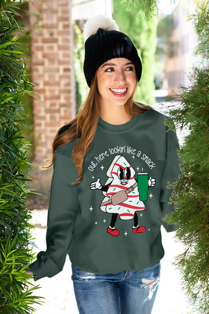 FASHGL Christmas Sweatshirt Women Out Here Looking Like A Snack Shirt Farm Christmas Tree Pullover Casual Xmas Holiday Top Green
