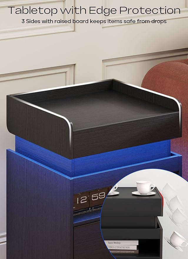 Turosur LED Night Stand with Gun Drawer, Smart Nightstand with Hidden Charging