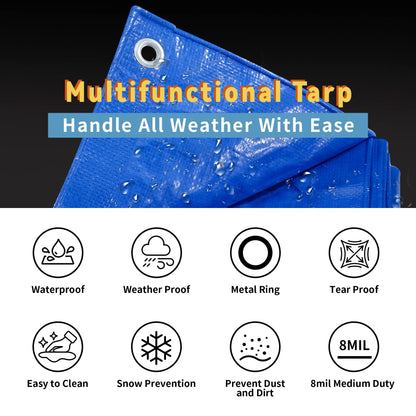 TARPAL 30x50 feet Blue tarp, 8mil Medium Duty tarps Waterproof, Tear Resistant with Metal Grommets, Suitable for Outdoor Tent Emergency rain Cover,Floor tarp,and Other uses.