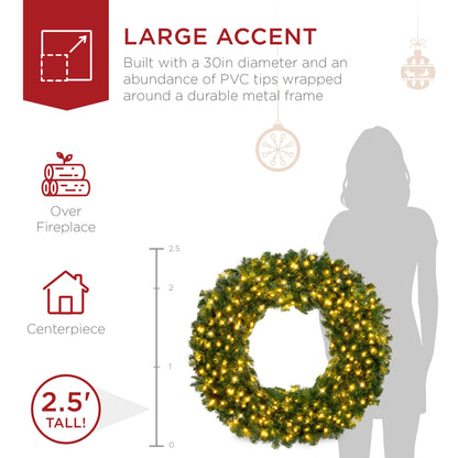 Best Choice Products 30in Large Artificial Pre-Lit Fir Christmas Wreath Holiday Accent Decoration w/ 100 LED Lights, 220 PVC Tips