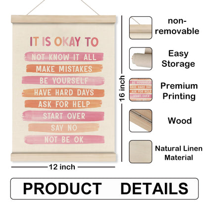 HRQKO It is Okay Pink Boho Poster Hanger Frame, Pink wall decor, Inspirational Posters Wall Art with Wooden Frames, Mental Health Wall Hanging Banner for Therapy Office Girls Room Nursery, 12x16 Inch