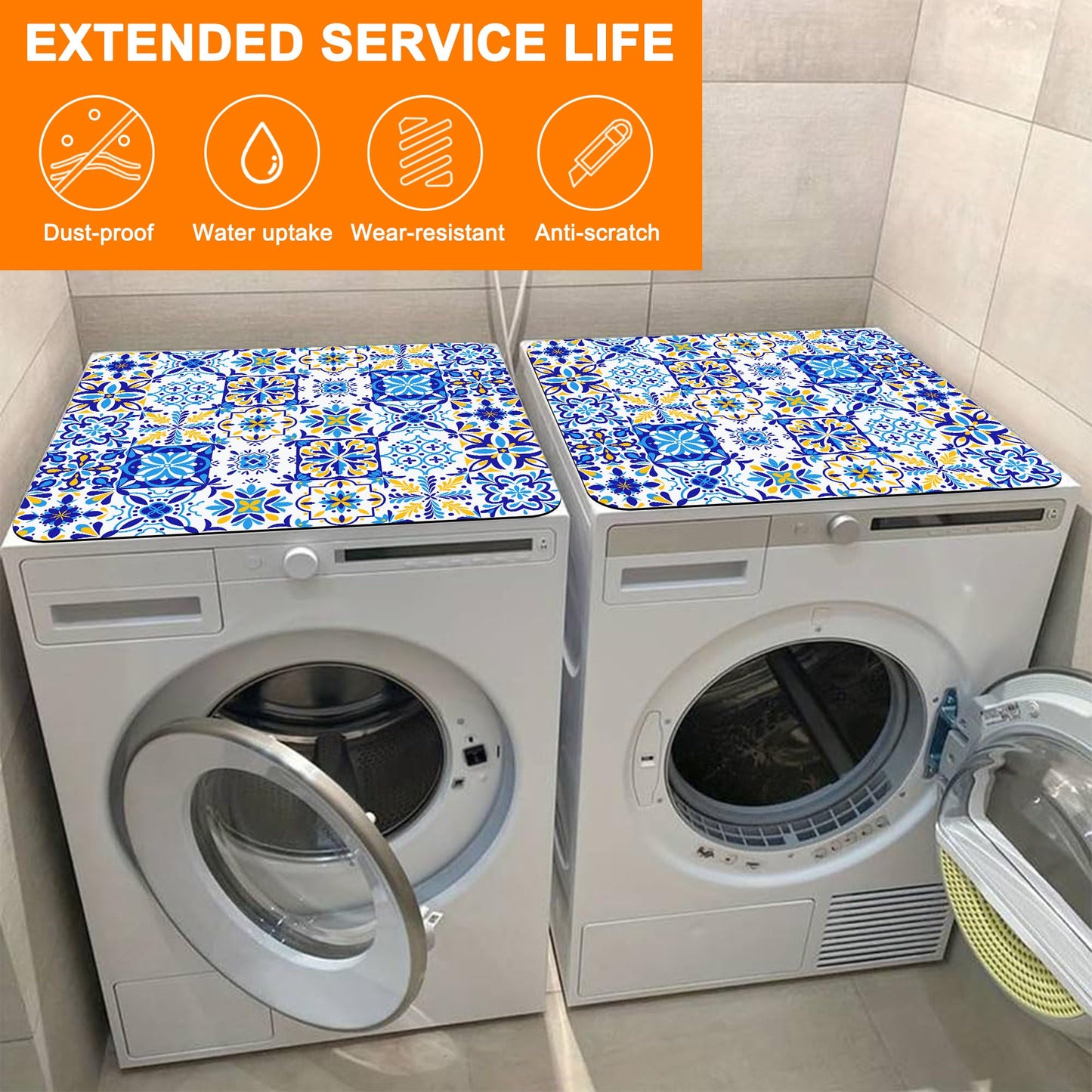 Blue and Yellow Mexican Talavera Ceramic Tile Dryer Top Protector Mat,Dust-proof Washer and Dryer Covers For The Top,Non-slip Washing Machine Dust Cover Pad for Laundry Room Home Decor,23.6"x19.7"