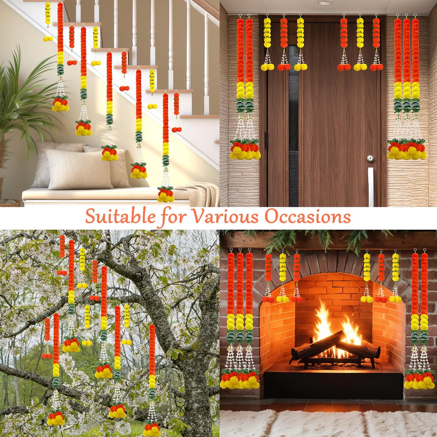 11PCS Diwali Decorations Marigold Garland for Home, Artificial Marigold with Bells and Leaves Long Strands for India Wedding, Pooja Decor, Marigold Flowers for All Year Decoration