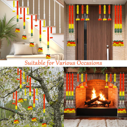 11PCS Diwali Decorations Marigold Garland for Home, Artificial Marigold with Bells and Leaves Long Strands for India Wedding, Pooja Decor, Marigold Flowers for All Year Decoration