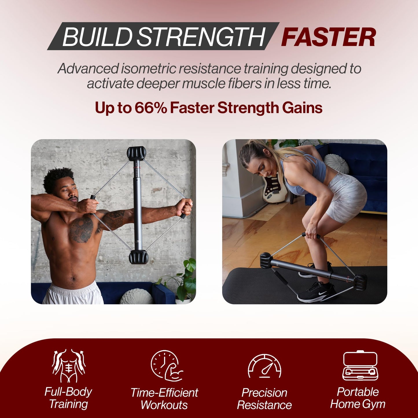 Bullworker Bow Classic 36" Isometric Exercise Equipment, Portable Home Gym Customized Variable Resistance, Chest and Arm Trainer, Full Body Strength Trainer, Shoulder Exerciser