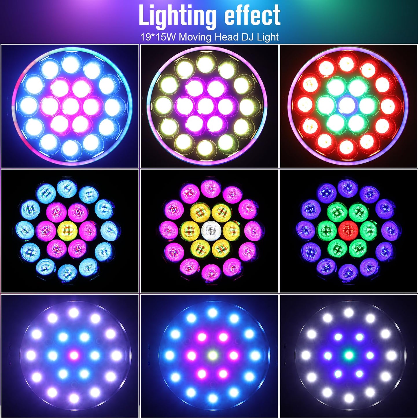 BETOPPER Moving Head Light,19x15W RGBW with Light Strip Effect Moving Head Stage Spotlight,Lightweight Disco DJLight for Party Wedding Club Bars Show（1）