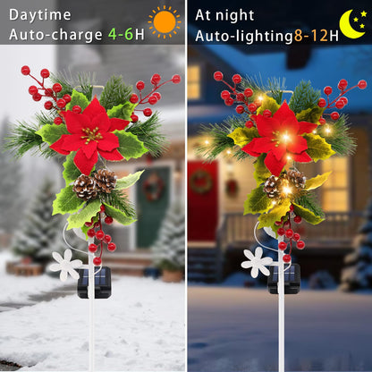 stadeco Solar Christmas Decorations Outdoor, 32 Inch Solar Christmas Cross Stake Lights, Waterproof Grave Decorations with Poinsettia Flower Pinecones Red Berries for Garden Yard Patio Lawn Cemetery