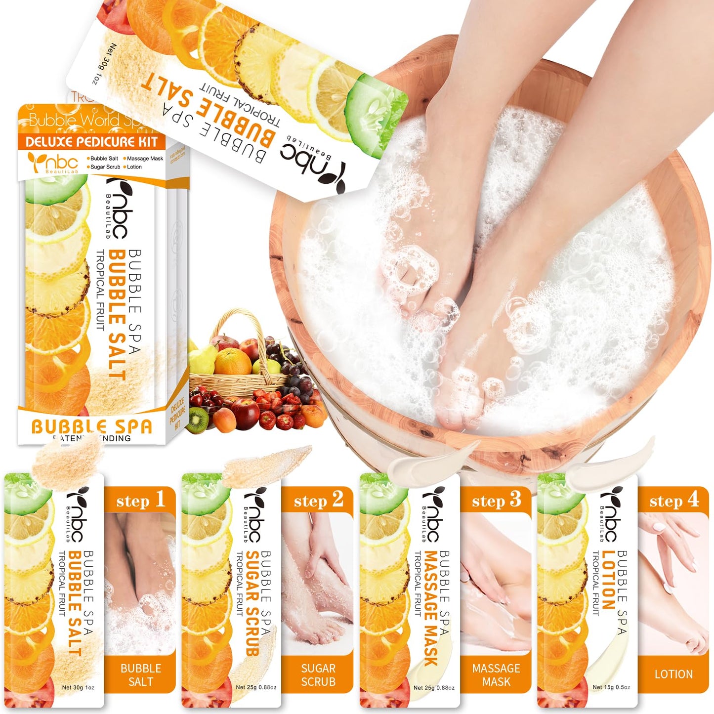 Pedicure Kit Foot Soak Set: Bubble Salt, Sugar Scrub, Massage Mask, Massage Lotion in a Box, 4 Step Foot Spa Kit for Dry Feet,Tired Feet（3 Set Tropical Fruit)