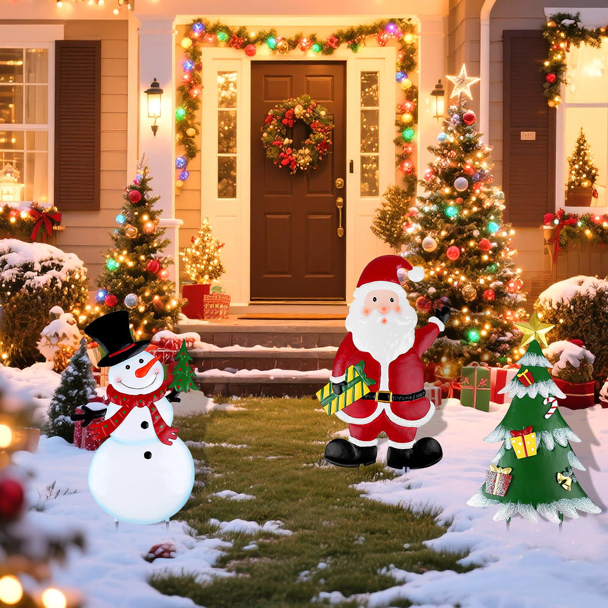 DETENE 3 Pcs Christmas Decorative Metal Stakes Outdoor Christmas Decor Metal Xmas Snowman Santa Claus Tree Yard Decorations for Garden Lawn Yard Signs