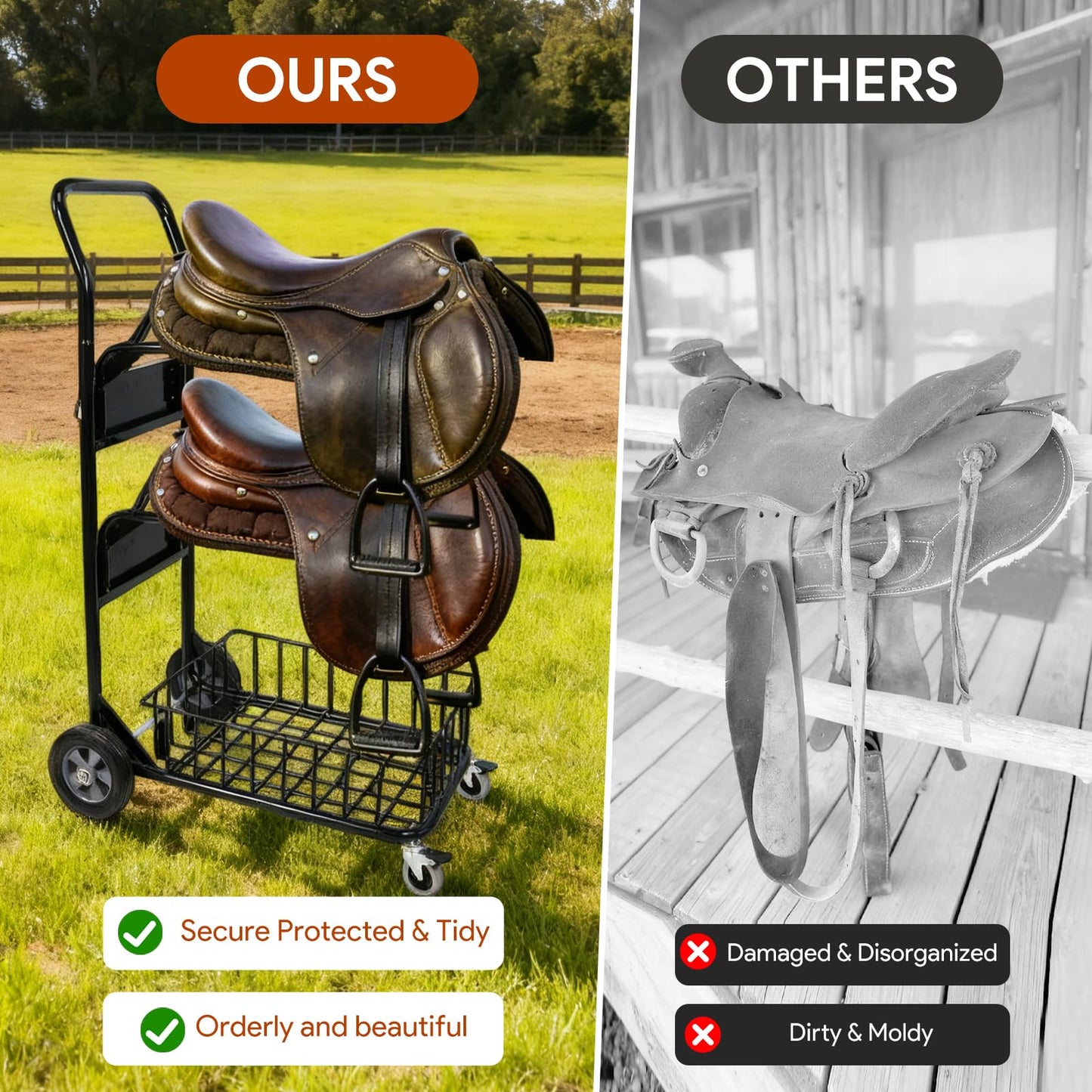 Rolling Saddle Rack Cart with Basket, 220 Lbs, Horse Tack Dolly Saddle Stand for Western & English Saddles, Heavy Duty Saddle Stand for Tack Room, Bridle, Horse Lovers, Cowboy, 32.3*16.9*49.8 inch