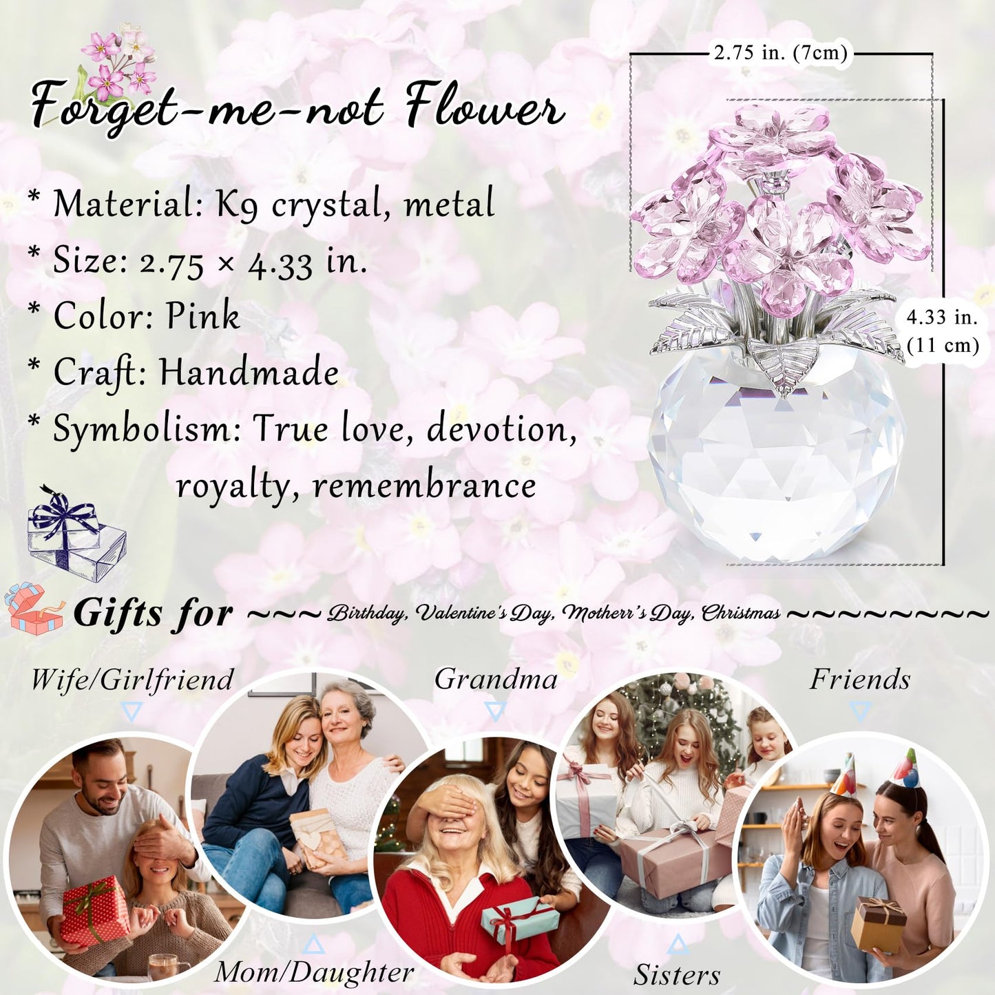 YWHL Pink Crystal Forget Me Not Figurines with Base, Crystal Glass Flower Gifts for Women, Handmade Flower Collectible Figurine Ornaments for Tabletop Centerpieces Home Decor