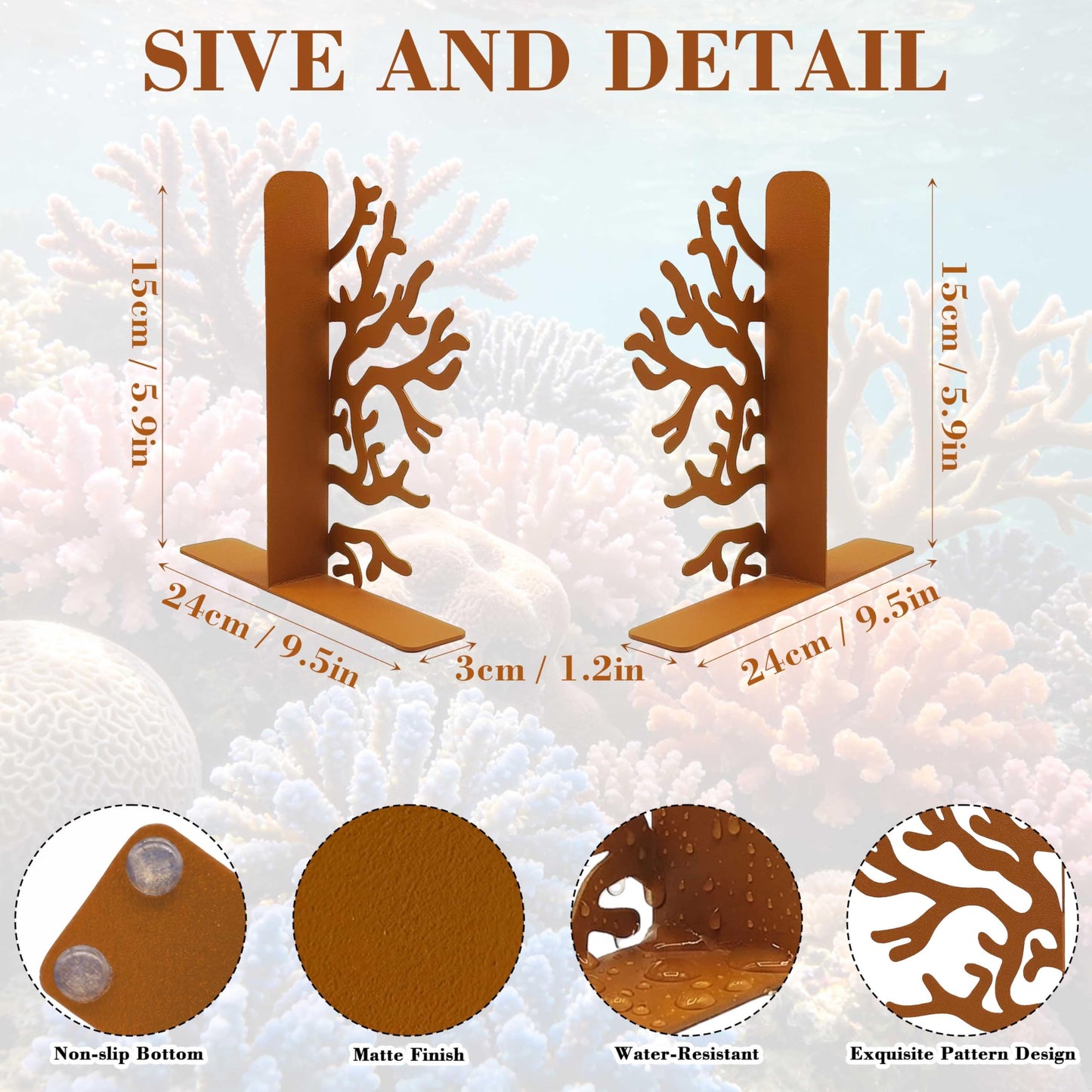 Zckjnoi Brown Metal Coral Reef Decorative Bookends, Unique Coastal Book Ends for Bookshelf Desk Bedroom Living Room Home Office Decors, Nautical Sea Heavy Duty Non Slip Books Holders