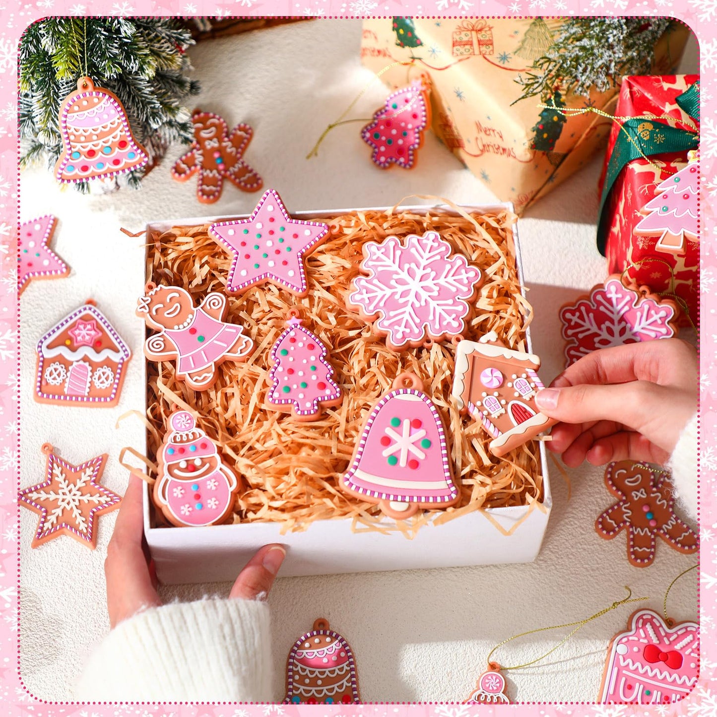Vertintong 30 Pcs Pink Christmas Gingerbread Hanging Ornaments Pastel Gingerbread Ornaments Soft PVC Christmas Tree Wall Hanging Decoration for Xmas Party Office Home Decor Winter