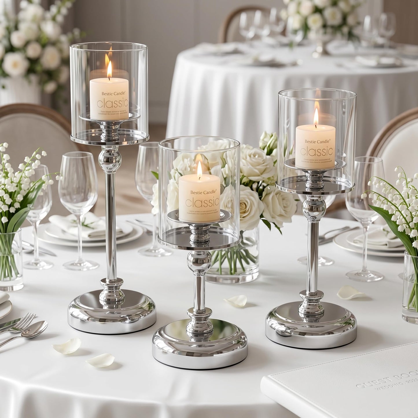 Oakernel Sliver Hurricane Candle Holders - Set of 6 Tall Candlestick Holders Windproof Taper Candle Holders, Metal Stand for Table Centerpiece Outdoor Indoor Wedding Party Holiday Decor