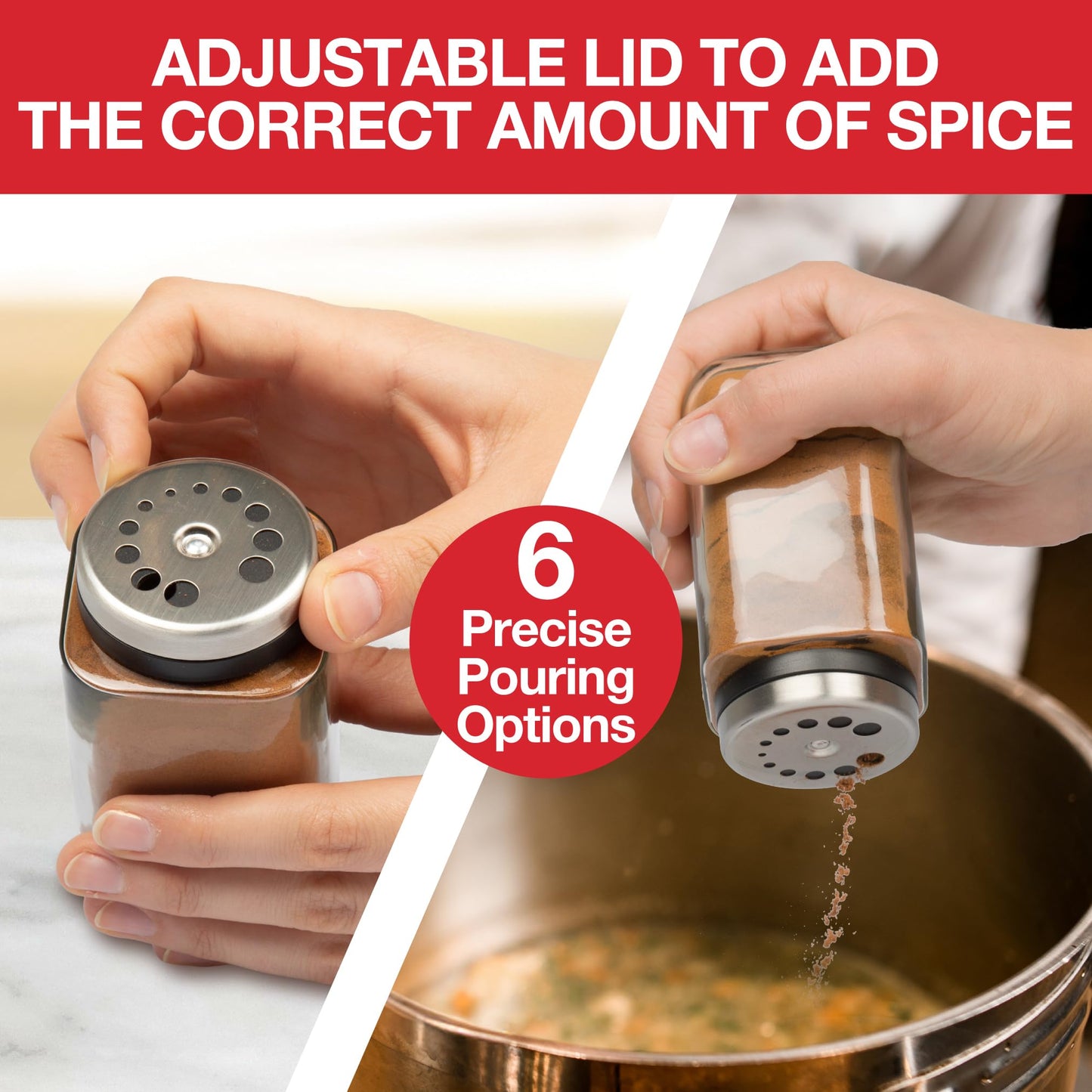 Adjustable Glass Spice Jars (Set of 12) with 6 Pouring Sizes- Stainless Steel Lid/Cap- Square Seasoning Bottle Containers for Minimalist Kitchen Pantry Storage Organization- Fill Shaker w Salt Pepper