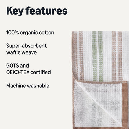 Amazon Basics Organic Cotton Waffle Kitchen Dish Towels - Ultra Absorbent, Quick Drying, Lint-Free, 15 x 25 inches, 6-Pack (2pc Olive Light/Brown Strip, 2pc Brown, 1pc Olive, 1pc White)
