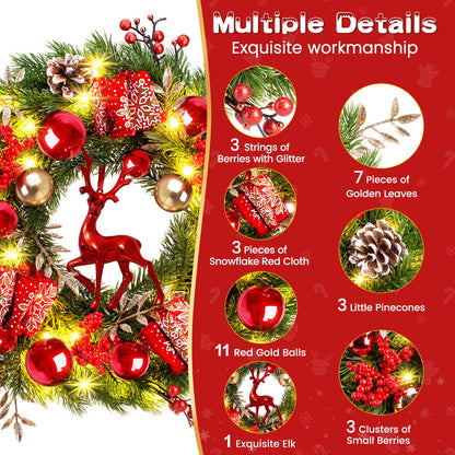 Quntis Lighted Christmas Wreath Front Door - 16'' Reindeer Winter Wreath with 8 Modes Timer, Red Gold Balls, Snowflakes, Pine Cones, Berries for Indoor Outdoor Holiday Windows Fireplace Mantel Porch