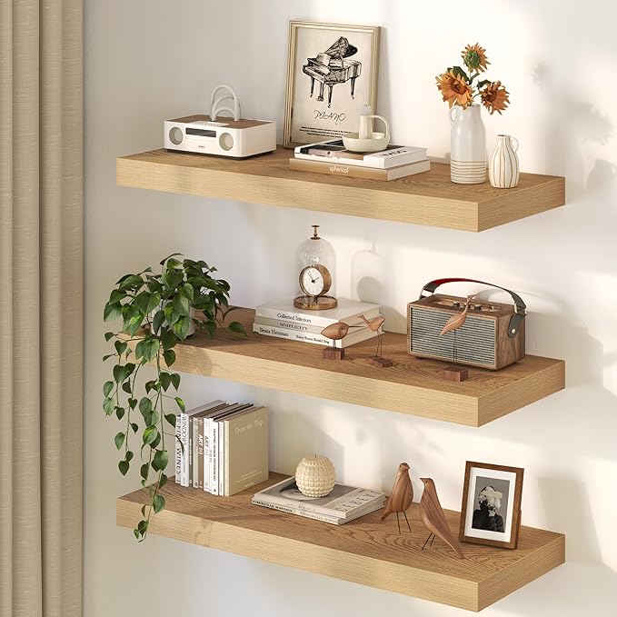 36Inch Oak Floating Shelves for Wall, 12 Inch Deep Shelves for Bedroom