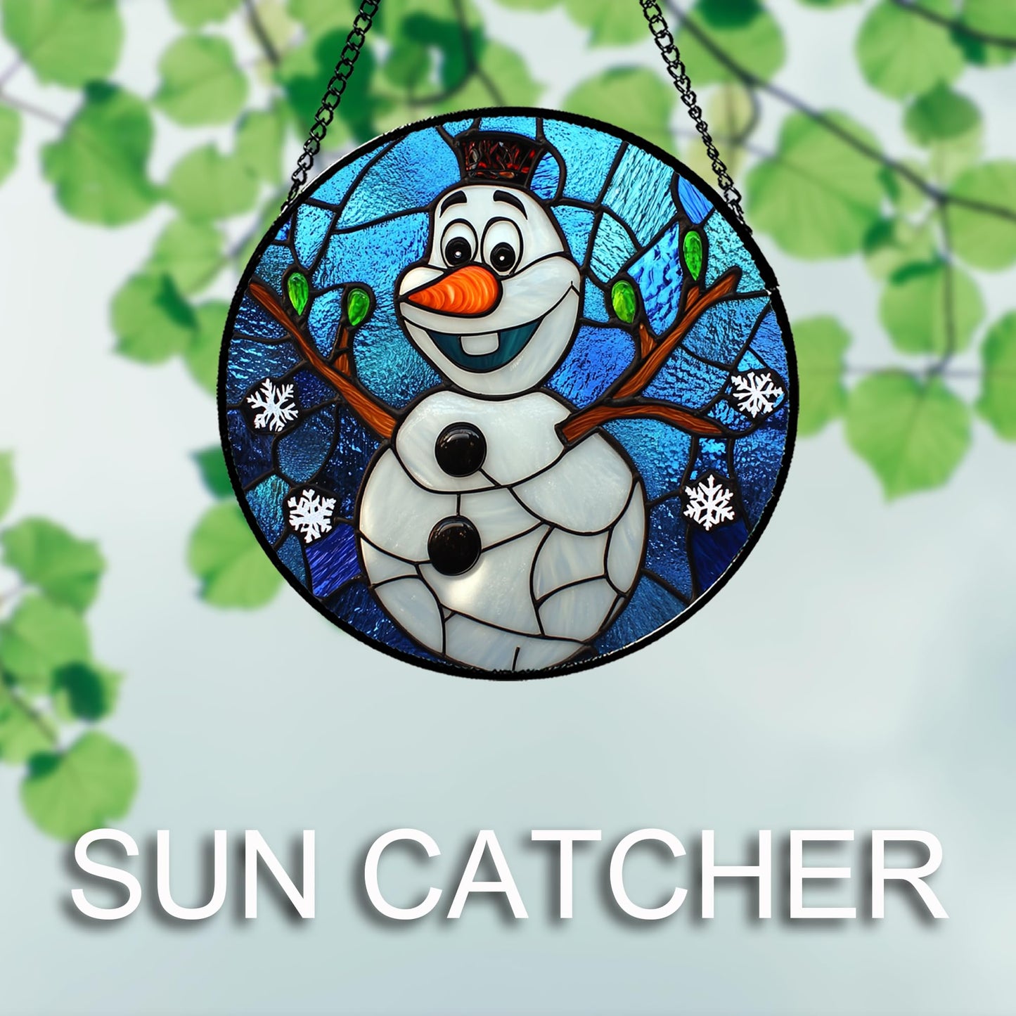 JOSUMALY Stained Glass Window Hanging Christmas Funny Snowman 7.8" - Suncatcher Door Garden Blue White Snowflakes Sun Catcher New Year Birthday for Friend Mom Men Woman Nana
