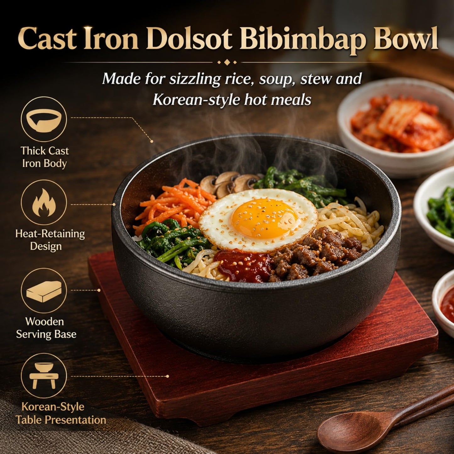 XICHENGSHIDAI Cast Iron Dolsot Bibimbap Bowl with Wooden Base, 31 oz Korean Sizzling Rice Bowl, Heat-Retaining Hot Pot Bowl for Soup, Rice, Stew and Korean Cooking