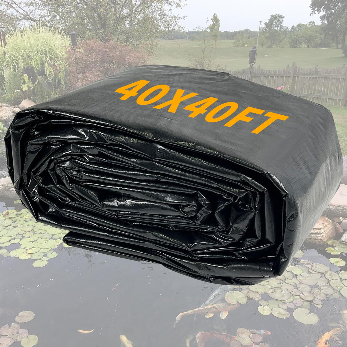yeezoo 40X40FT Reinforced Large PE Pond Liner, KOI Pond Liners for Outdoor Ponds, Enhanced 5-Layer Structure Pond Liner for Fish, Duck, Garden Raised Bed and Waterscape Pond(0.82oz/sq ft Thickness)