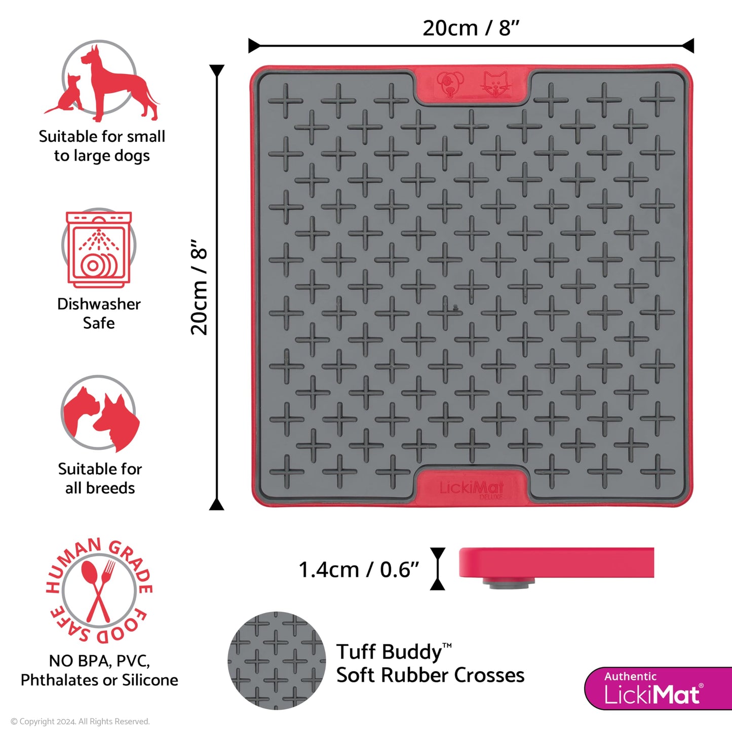 Lickimat Tuff, Heavy-Duty Buddy, Dog Slow Feeder Lick Mat, Boredom Anxiety Reducer; Perfect for Food, Treats, Yogurt, or Peanut Butter, Fun Alternative to a Slow Feed Dog Bowl - Red