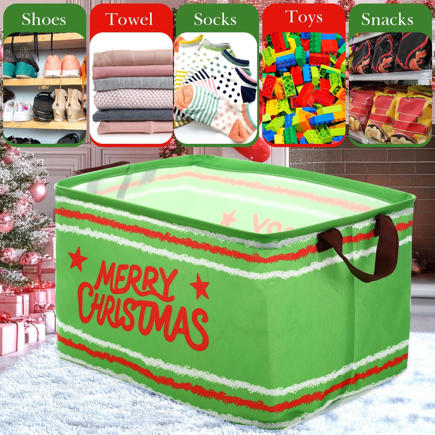 Vesici 6 Pack Christmas Basket for Gifts Empty Christmas Storage Bins with Handle Foldable Storage Box Canvas Laundry Basket for Xmas Office Home Bedroom Clothes