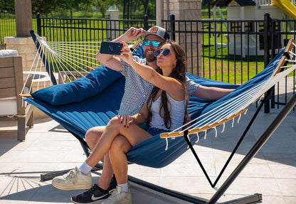 SUPERJARE Curved-Bar Hammock with Stand, 2 Person Heavy Duty Hammock Frame, Detachable Pillow & Portable Carrying Bag, Perfect for Outdoor & Indoor, Navy Blue