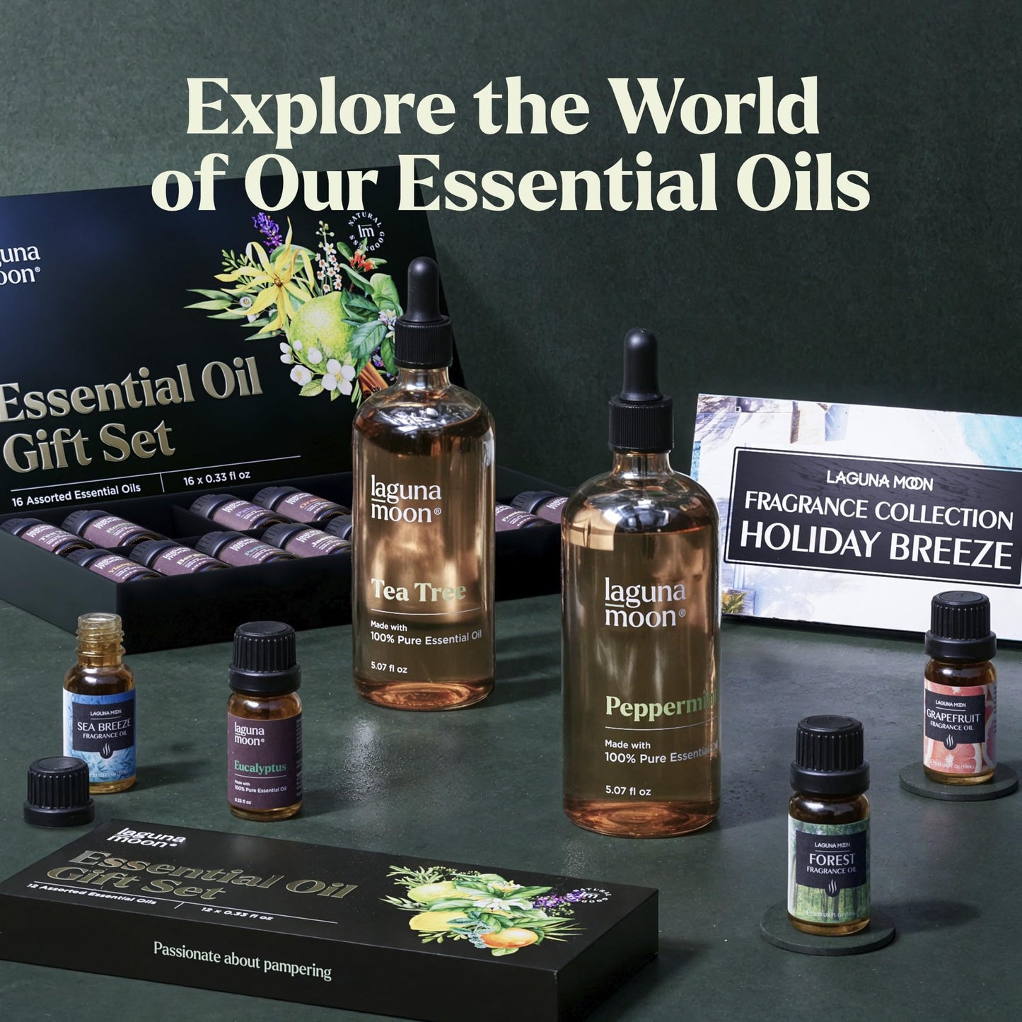 Lagunamoon Essential Oils Set - Top 6 Blends for Diffusers, Home Care, Candle Making Scents, Fragrance, Aromatherapy, Humidifiers, Gifts - Peppermint, Tea Tree, Lavender, Eucalyptus, Orange (10mL)