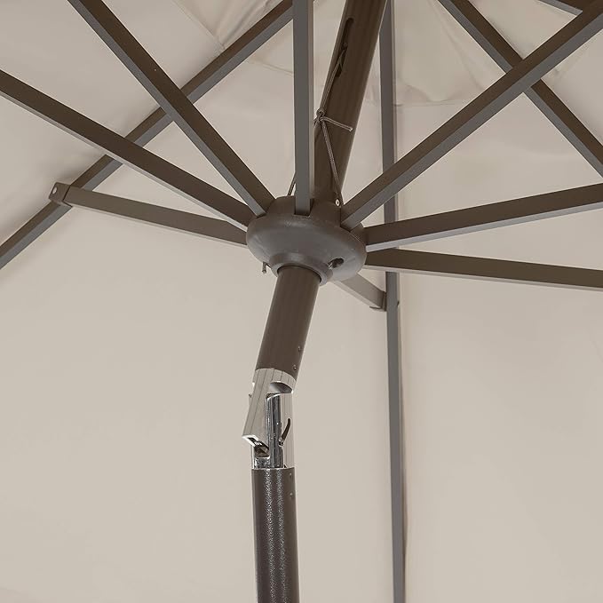 SAFAVIEH 9ft Outdoor Patio Umbrella, Round, Valance, Beige & White Trim, Auto Crank Tilt, UV Resistant for Deck, Backyard, Poolside (PAT8006C)