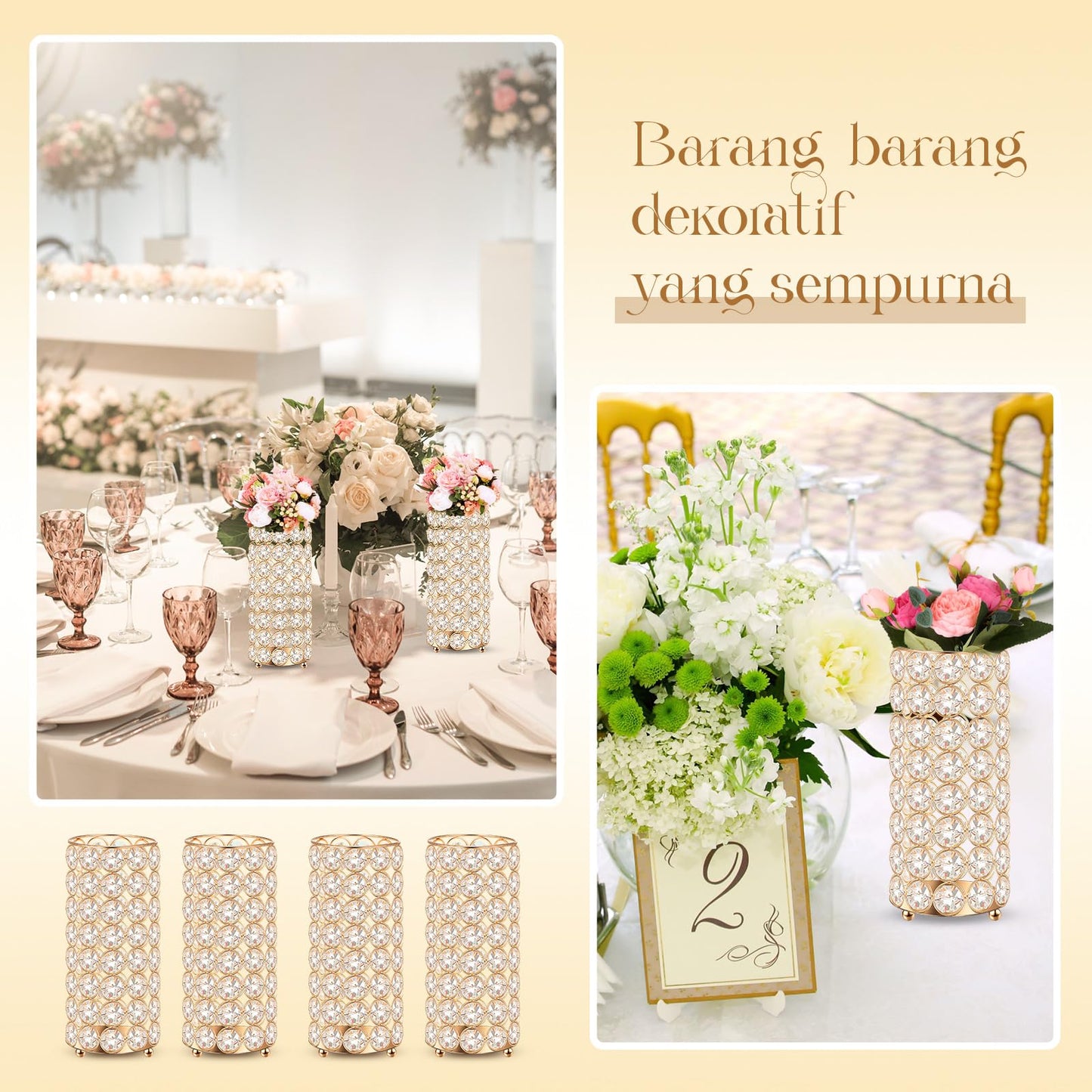Dandat 8 Pcs Crystal Flower Vase for Wedding Table Centerpieces 7.87 in Crystal Pillar Candle Holder Metal Cylinder Flower Vase Stand for Christmas Wedding Decor Gifts Arrangement Event(Gold)