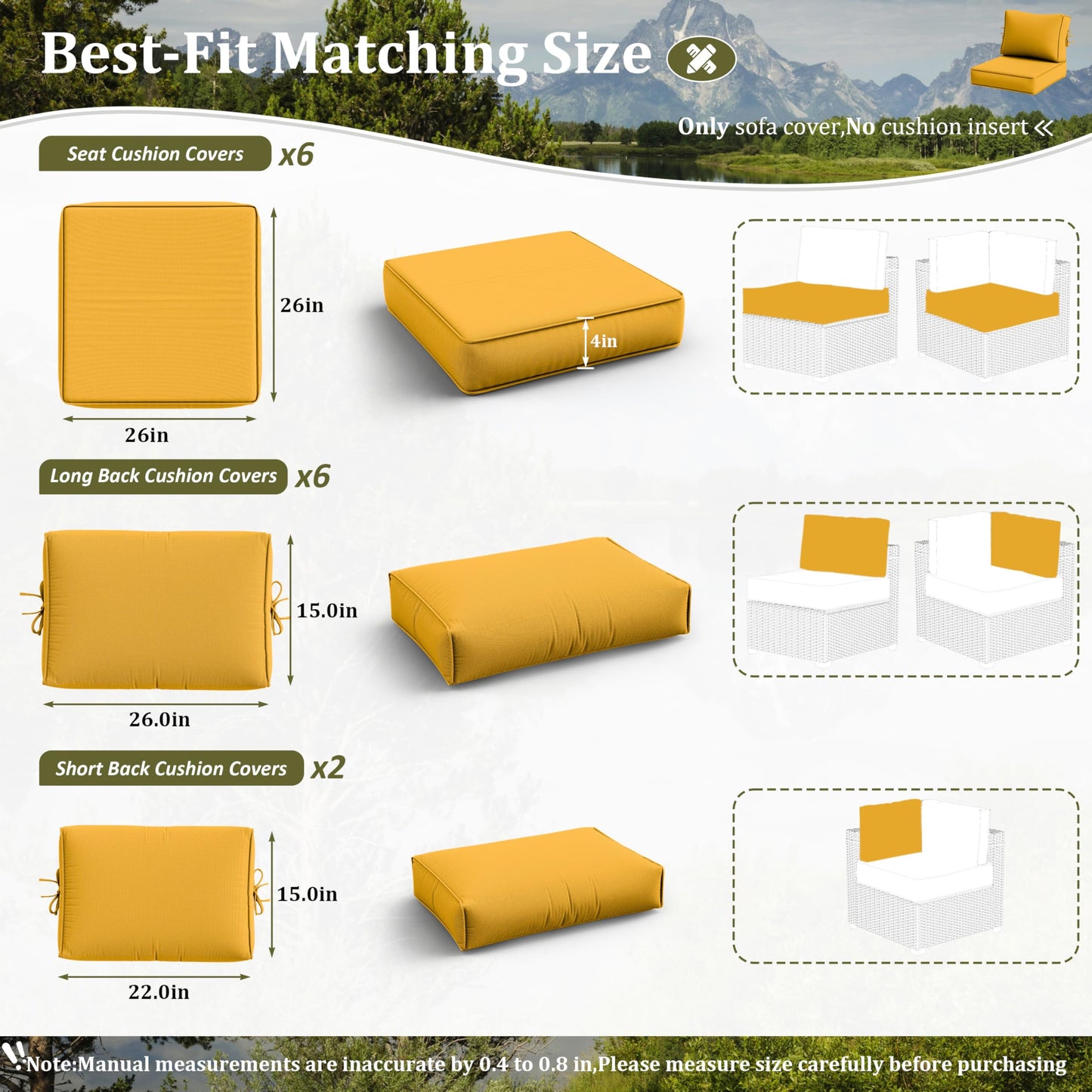 Kimunuk 14 Pcs Outdoor Cushion Slipcovers All-Weather Patio Cushion Covers, Replacement Waterproof with Zipper for Patio Furniture, Sectional Couch 3 Sizes, Covers Only