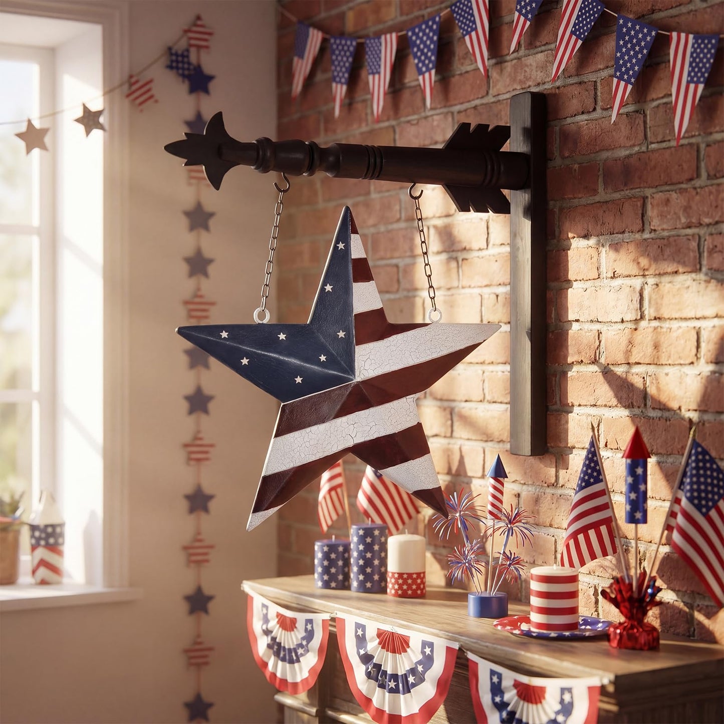 Bucherry 14 Inch Americana Star Arrow Replacement Sign Patriotic Porch Decoration 4th of July Outdoor Yard Decor Resin White Blue Red Hanging Sign for 4th of July Independence Day 250th Anniversary