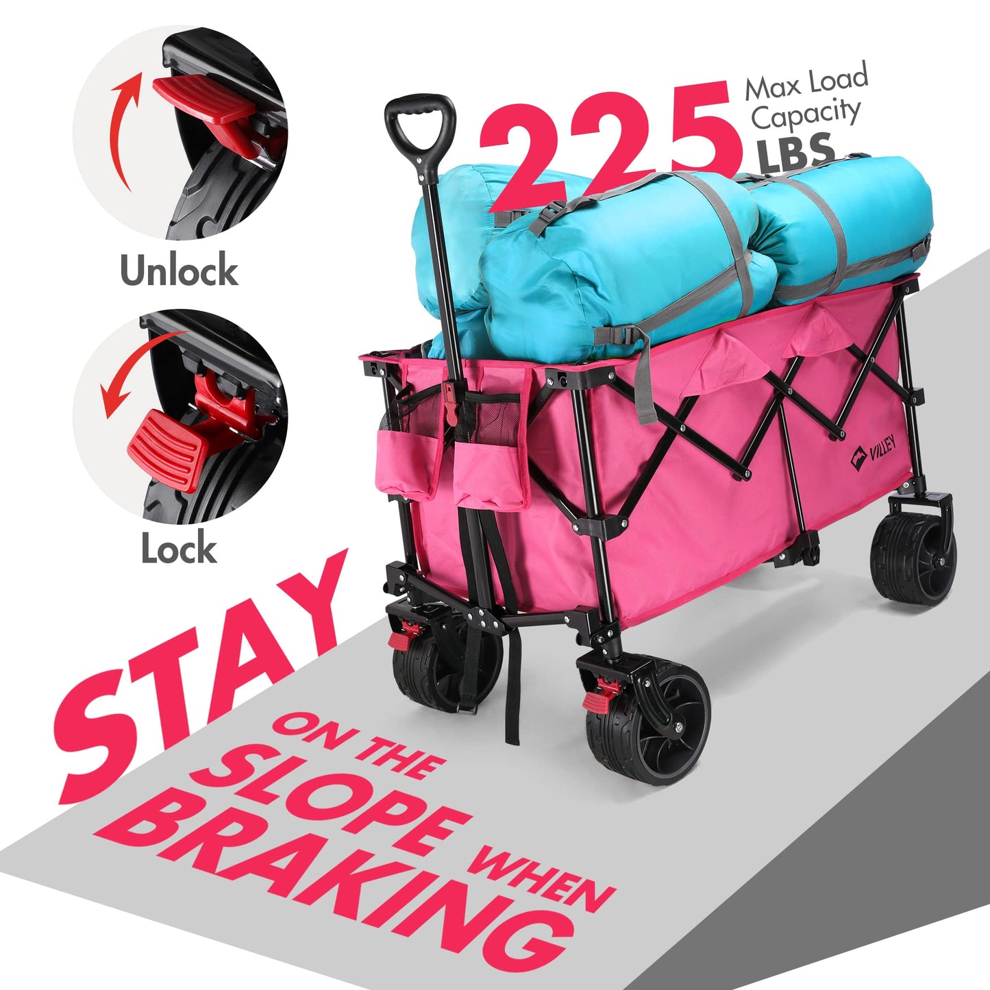VILLEY Collapsible Folding Wagon with Big Wheels, Enlarged 225lbs Capacity, All Terrain Wagons Carts Heavy Duty Foldable, Portable Utility Garden Cart with 2 Cup Holders and Brake, Pink.